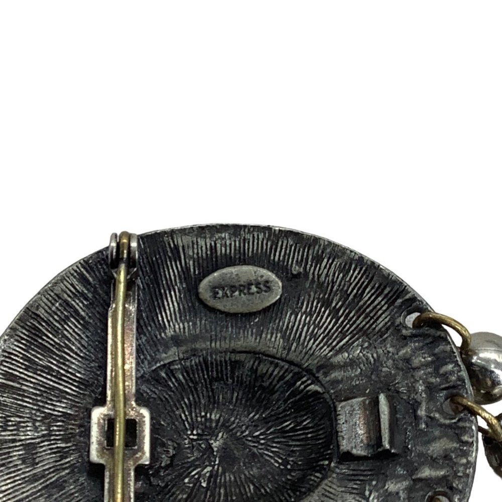 Express Oval Aztec Pattern Dangling Brooch Costume Jewelry Silver‎ Tone Signed - Picture 3 of 4